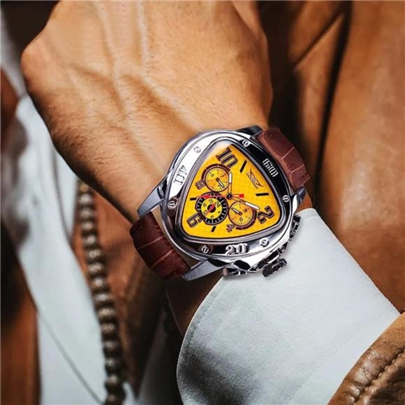 Fashion Mechanical Wrist Watch Triangle Racing Dial, Skeleton Dial, Yellow - Picture 3 of 7